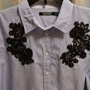 FINAL PRICE NWOT LAUREN RALPH LAUREN blue & white striped blouse w embroidery